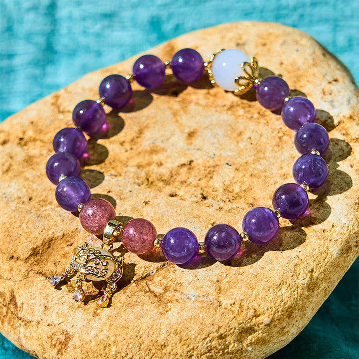 Buddha Stones Naturalny Ametyst Truskawkowy Kwarc Pokojowy Zawieszka Pozytywna Bransoletka