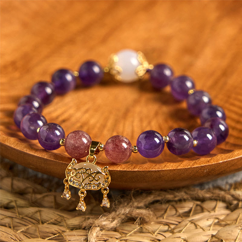 Buddha Stones Naturalny Ametyst Truskawkowy Kwarc Pokojowy Zawieszka Pozytywna Bransoletka
