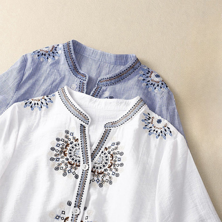 Koszula damska z krótkim rękawem i dekoltem w serek z haftowanymi kwiatami w stylu boho z motywem Buddha Stones - image 9