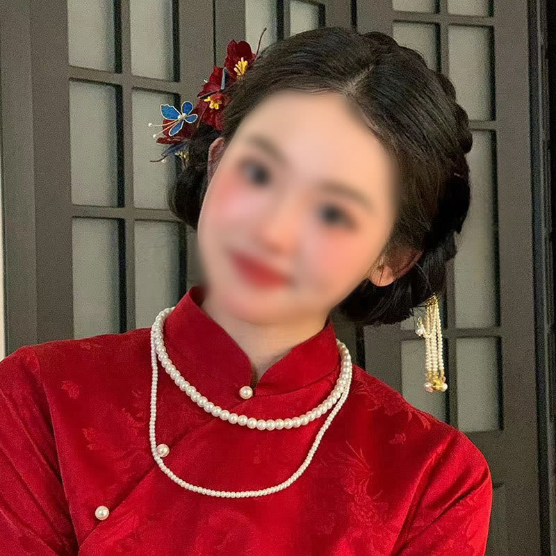 Buddha Stones Chiński Ślub Czerwony Kwiat Motyl Grzebień Do Włosów Spinka Do Włosów Spinka Do Włosów