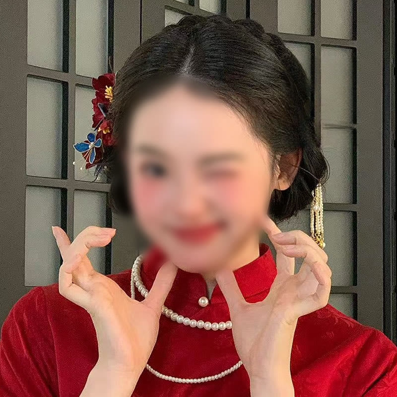 Buddha Stones Chiński Ślub Czerwony Kwiat Motyl Grzebień Do Włosów Spinka Do Włosów Spinka Do Włosów