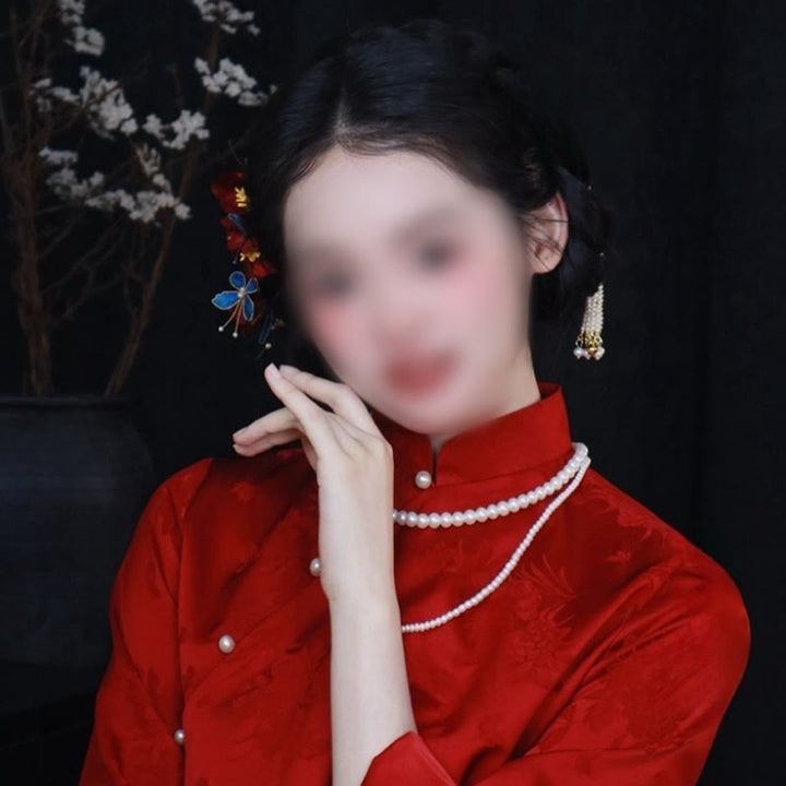 Buddha Stones Chiński Ślub Czerwony Kwiat Motyl Grzebień Do Włosów Spinka Do Włosów Spinka Do Włosów