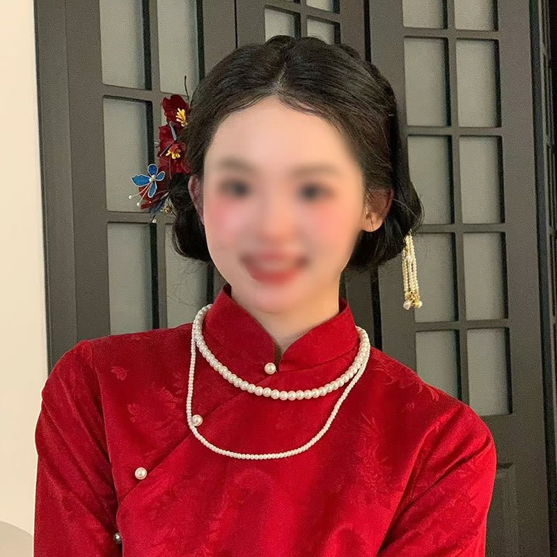 Buddha Stones Chiński Ślub Czerwony Kwiat Motyl Grzebień Do Włosów Spinka Do Włosów Spinka Do Włosów