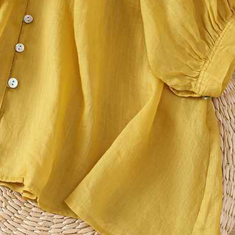 Koszula damska Buddha Stones Casual Plain Single Row Multi-Guzik V-Neck Design Rękaw Trzy Czwarte Bawełna Lniana - image 7