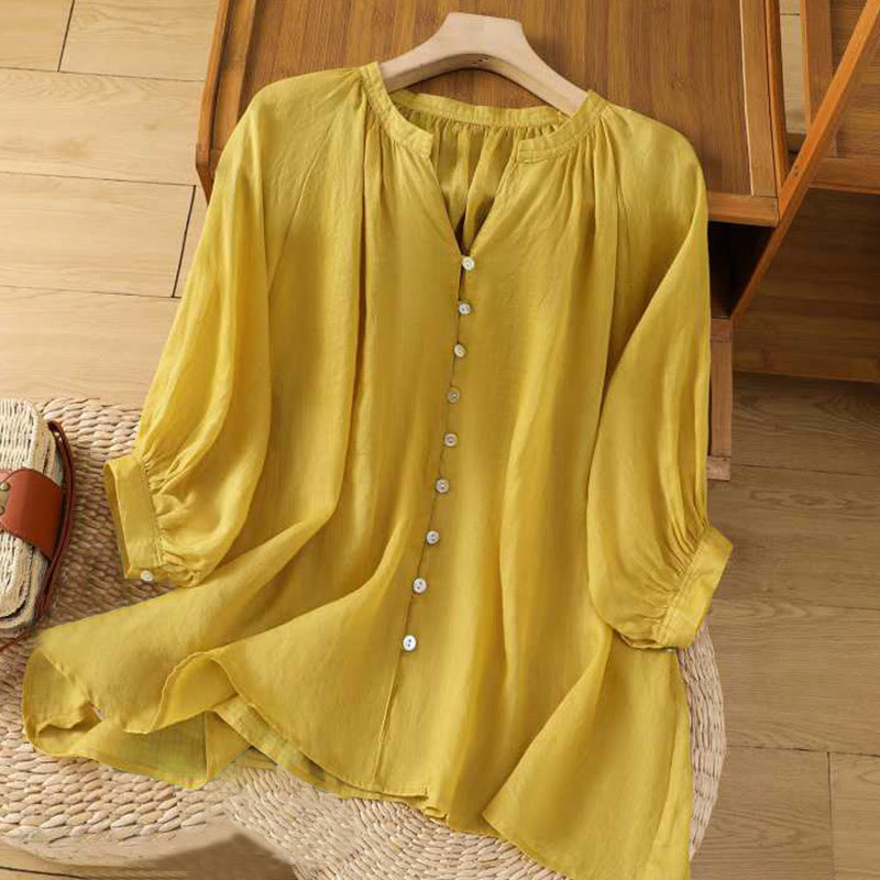 Koszula damska Buddha Stones Casual Plain Single Row Multi-Guzik V-Neck Design Rękaw Trzy Czwarte Bawełna Lniana - Złoto - US12, UK/AU16, EU44 (2XL) - image 0