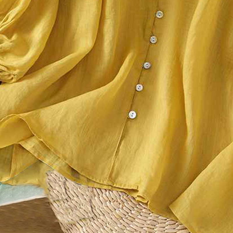 Koszula damska Buddha Stones Casual Plain Single Row Multi-Guzik V-Neck Design Rękaw Trzy Czwarte Bawełna Lniana - image 9