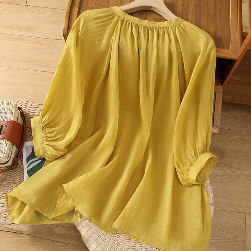 Koszula damska Buddha Stones Casual Plain Single Row Multi-Guzik V-Neck Design Rękaw Trzy Czwarte Bawełna Lniana - image 1