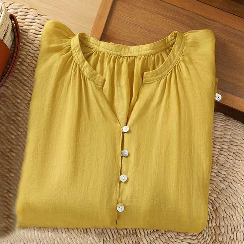 Koszula damska Buddha Stones Casual Plain Single Row Multi-Guzik V-Neck Design Rękaw Trzy Czwarte Bawełna Lniana - image 5