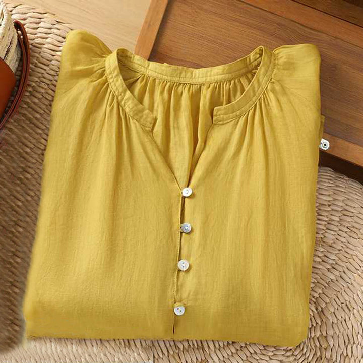 Koszula damska Buddha Stones Casual Plain Single Row Multi-Guzik V-Neck Design Rękaw Trzy Czwarte Bawełna Lniana - image 5