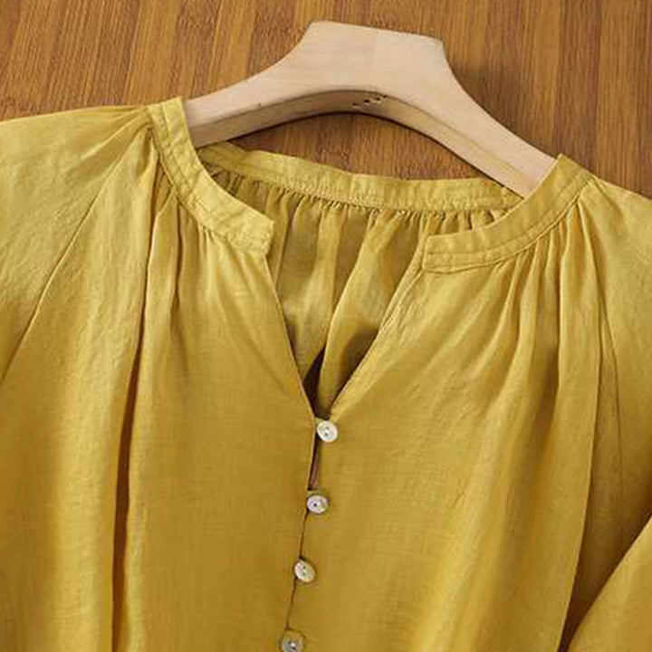 Koszula damska Buddha Stones Casual Plain Single Row Multi-Guzik V-Neck Design Rękaw Trzy Czwarte Bawełna Lniana - image 2
