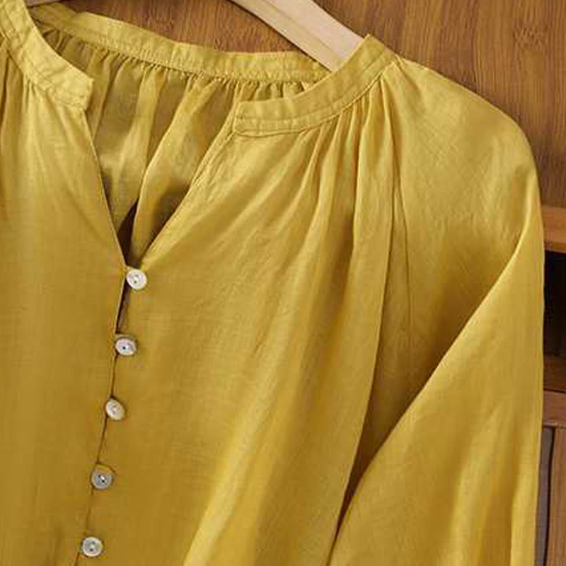 Koszula damska Buddha Stones Casual Plain Single Row Multi-Guzik V-Neck Design Rękaw Trzy Czwarte Bawełna Lniana - image 3