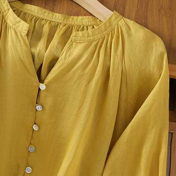 Koszula damska Buddha Stones Casual Plain Single Row Multi-Guzik V-Neck Design Rękaw Trzy Czwarte Bawełna Lniana - image 3