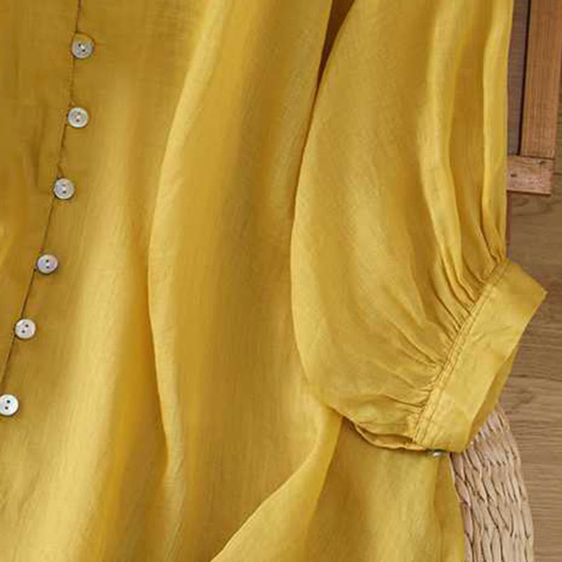 Koszula damska Buddha Stones Casual Plain Single Row Multi-Guzik V-Neck Design Rękaw Trzy Czwarte Bawełna Lniana - image 8