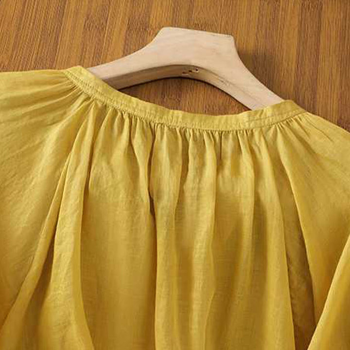 Koszula damska Buddha Stones Casual Plain Single Row Multi-Guzik V-Neck Design Rękaw Trzy Czwarte Bawełna Lniana - image 4