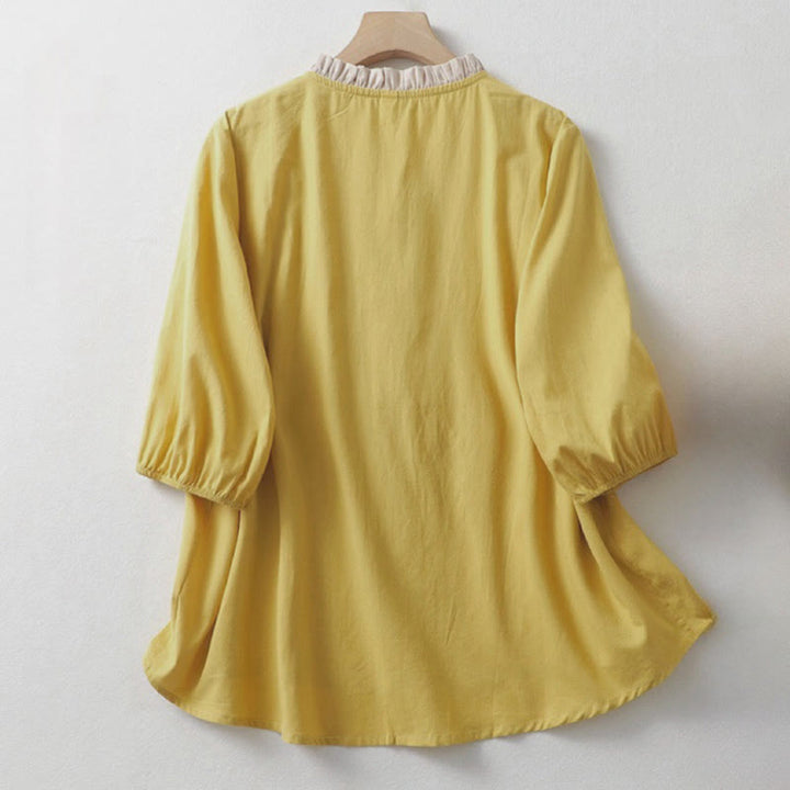 Koszula damska z falbaniastym kołnierzykiem i krótkim rękawem z lnu bawełnianego Buddha Stones Casual Plain Frog-Button