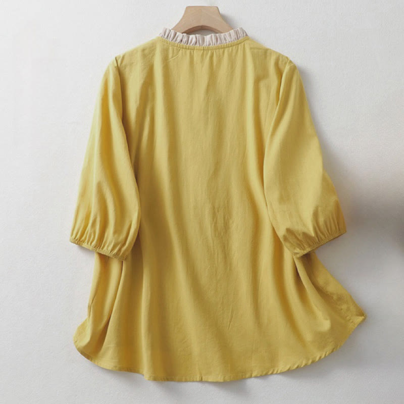 Koszula damska z falbaniastym kołnierzykiem i krótkim rękawem z lnu bawełnianego Buddha Stones Casual Plain Frog-Button - image 1