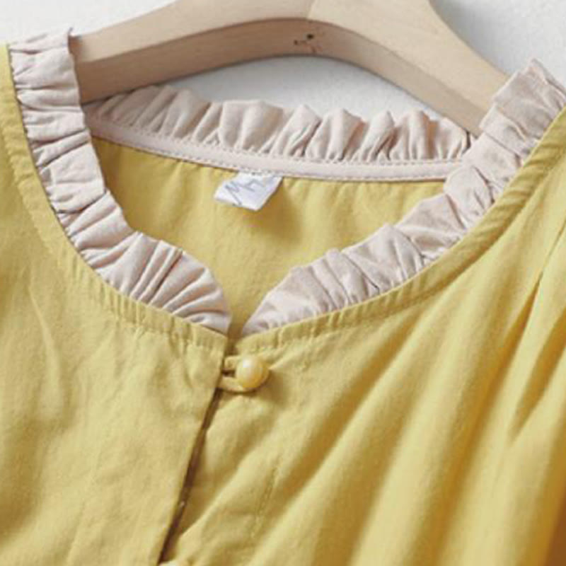 Koszula damska z falbaniastym kołnierzykiem i krótkim rękawem z lnu bawełnianego Buddha Stones Casual Plain Frog-Button