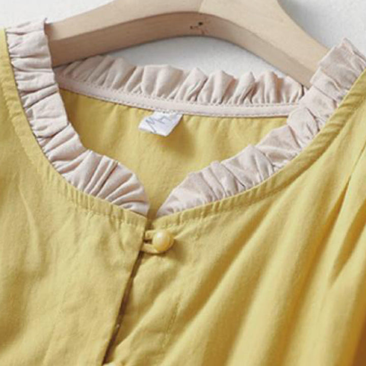 Koszula damska z falbaniastym kołnierzykiem i krótkim rękawem z lnu bawełnianego Buddha Stones Casual Plain Frog-Button