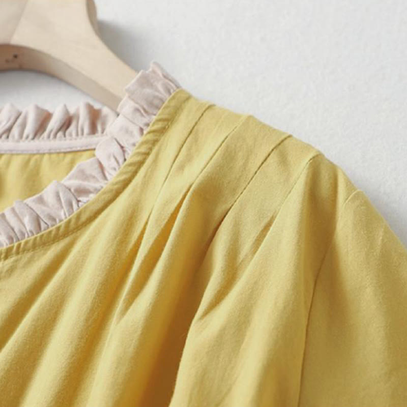 Koszula damska z falbaniastym kołnierzykiem i krótkim rękawem z lnu bawełnianego Buddha Stones Casual Plain Frog-Button - image 4