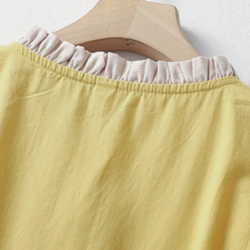 Koszula damska z falbaniastym kołnierzykiem i krótkim rękawem z lnu bawełnianego Buddha Stones Casual Plain Frog-Button