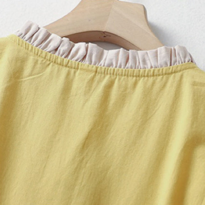 Koszula damska z falbaniastym kołnierzykiem i krótkim rękawem z lnu bawełnianego Buddha Stones Casual Plain Frog-Button