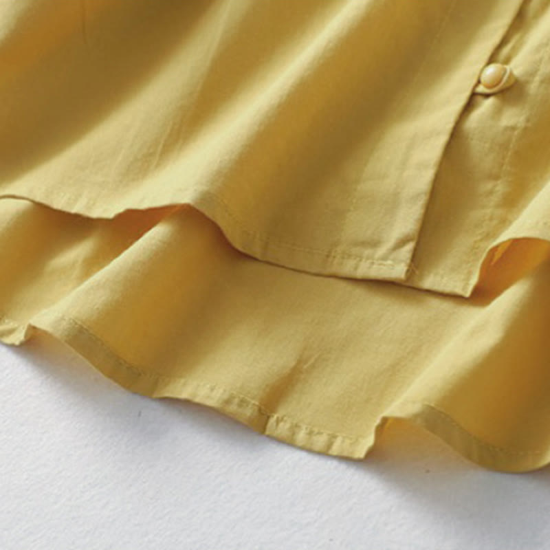 Koszula damska z falbaniastym kołnierzykiem i krótkim rękawem z lnu bawełnianego Buddha Stones Casual Plain Frog-Button - image 5