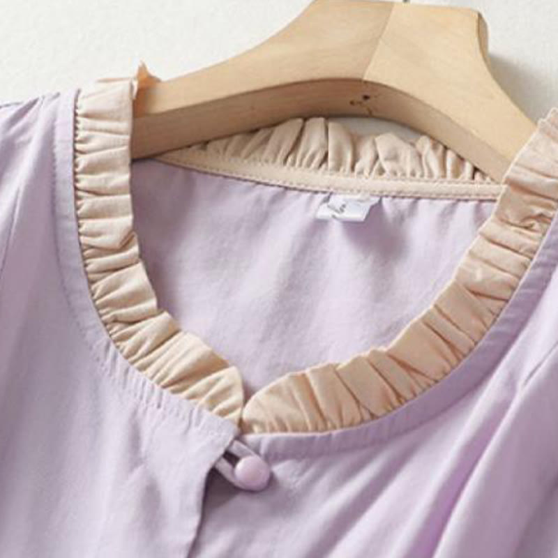 Koszula damska z falbaniastym kołnierzykiem i krótkim rękawem z lnu bawełnianego Buddha Stones Casual Plain Frog-Button