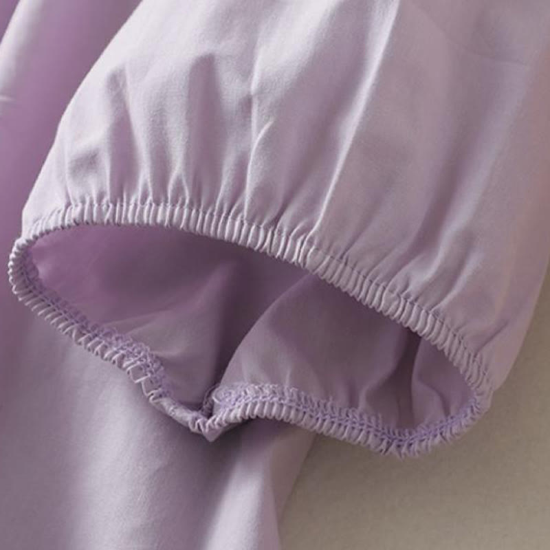 Koszula damska z falbaniastym kołnierzykiem i krótkim rękawem z lnu bawełnianego Buddha Stones Casual Plain Frog-Button