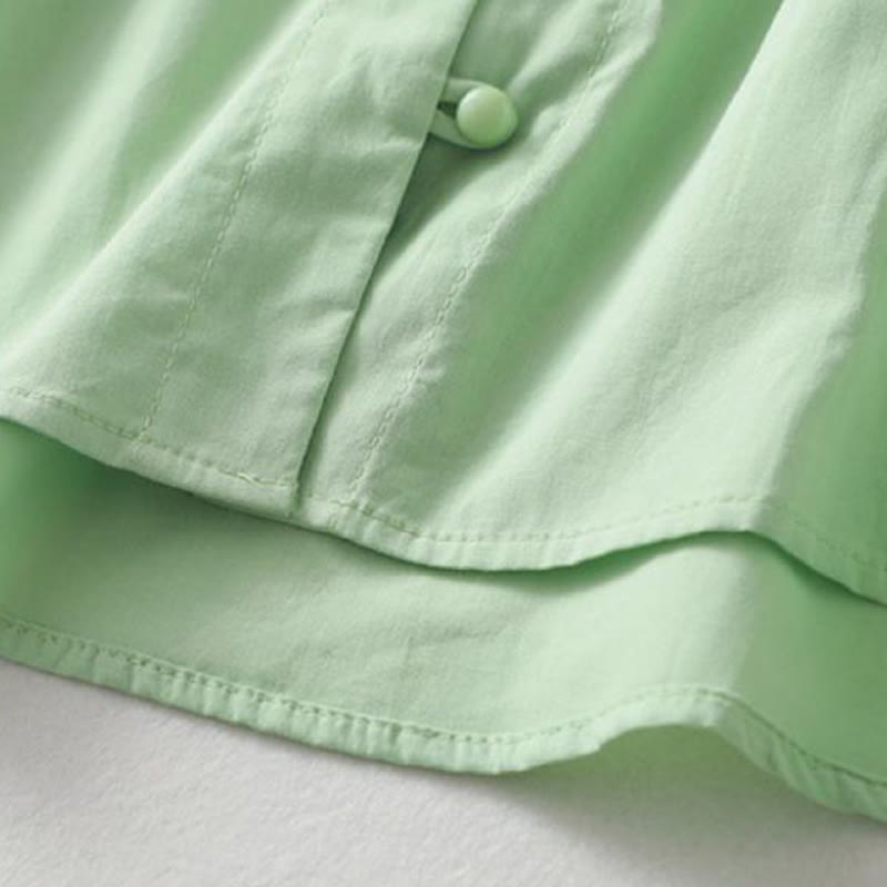 Koszula damska z falbaniastym kołnierzykiem i krótkim rękawem z lnu bawełnianego Buddha Stones Casual Plain Frog-Button