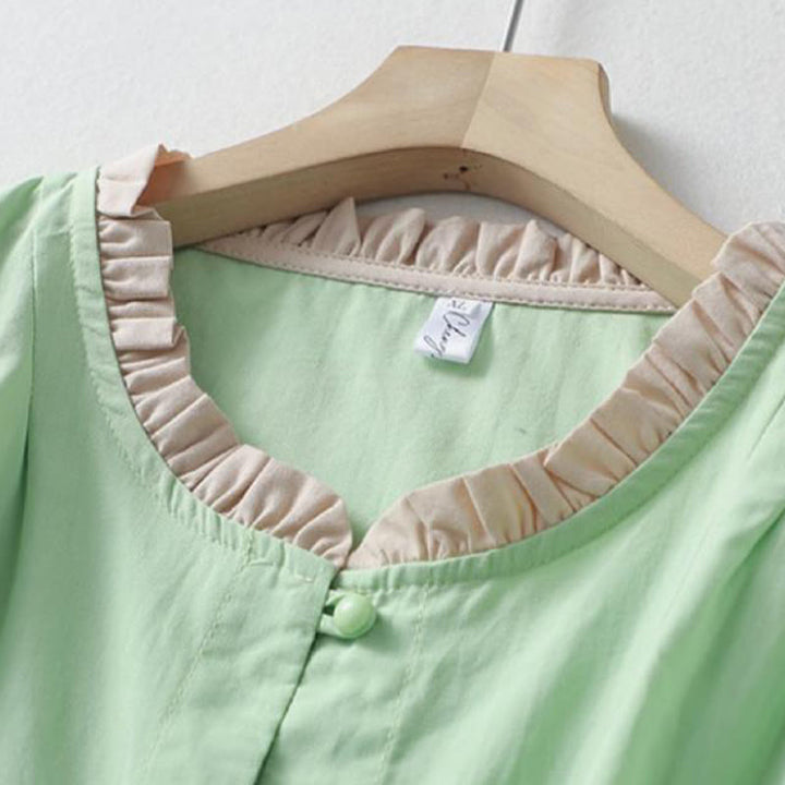 Koszula damska z falbaniastym kołnierzykiem i krótkim rękawem z lnu bawełnianego Buddha Stones Casual Plain Frog-Button - image 14