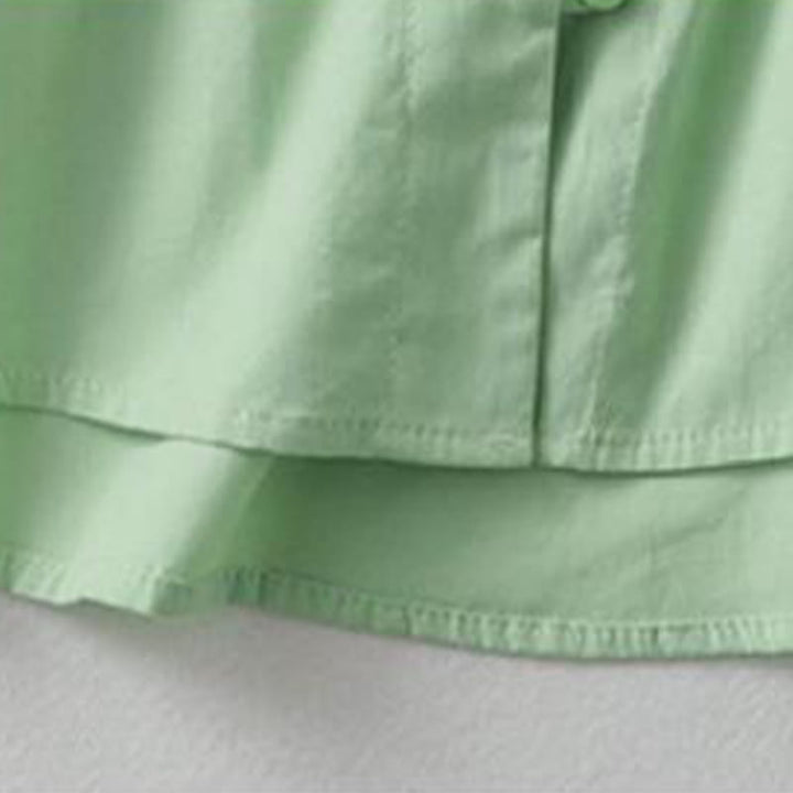 Koszula damska z falbaniastym kołnierzykiem i krótkim rękawem z lnu bawełnianego Buddha Stones Casual Plain Frog-Button