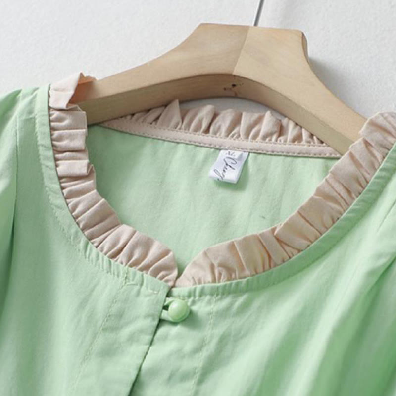 Koszula damska z falbaniastym kołnierzykiem i krótkim rękawem z lnu bawełnianego Buddha Stones Casual Plain Frog-Button