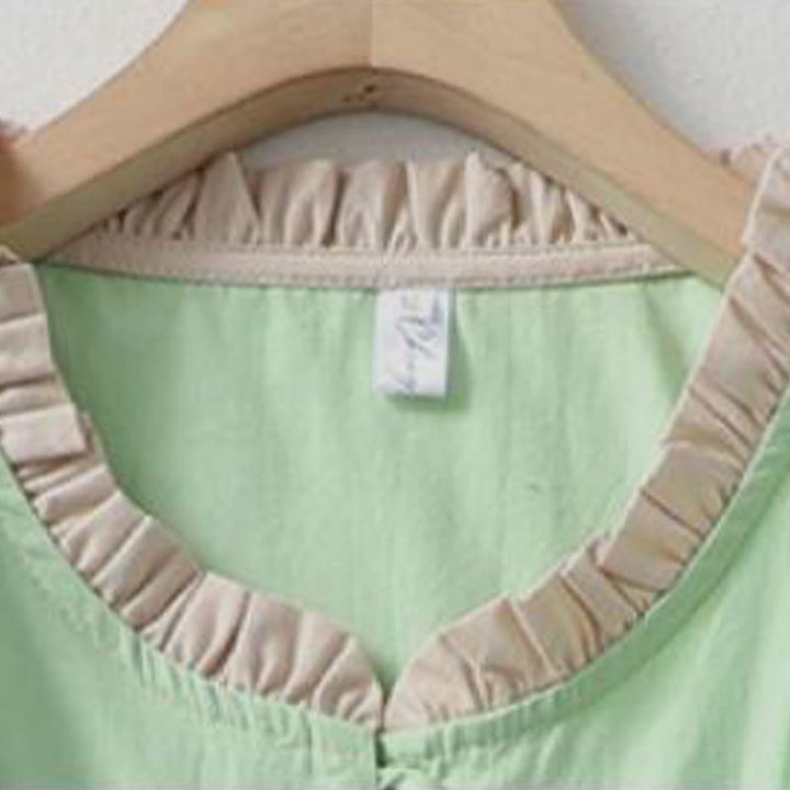 Koszula damska z falbaniastym kołnierzykiem i krótkim rękawem z lnu bawełnianego Buddha Stones Casual Plain Frog-Button