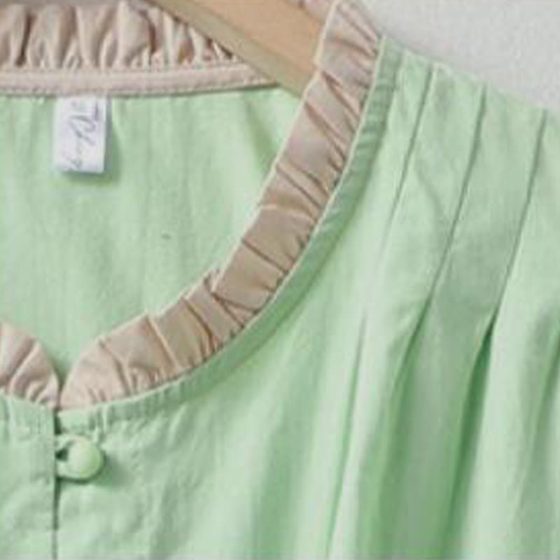 Koszula damska z falbaniastym kołnierzykiem i krótkim rękawem z lnu bawełnianego Buddha Stones Casual Plain Frog-Button - image 15