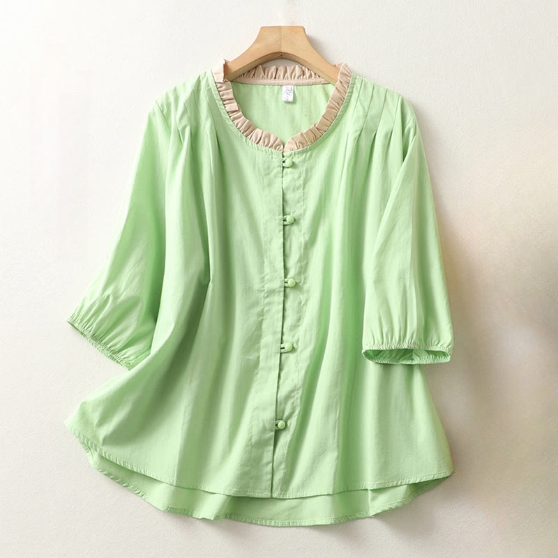 Koszula damska z falbaniastym kołnierzykiem i krótkim rękawem z lnu bawełnianego Buddha Stones Casual Plain Frog-Button - PaleGreen - US8-10，UK/AU12-14，EU40-42 (2XL) - image 13