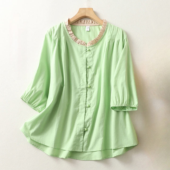 Koszula damska z falbaniastym kołnierzykiem i krótkim rękawem z lnu bawełnianego Buddha Stones Casual Plain Frog-Button - PaleGreen - US8-10，UK/AU12-14，EU40-42 (2XL) - image 13