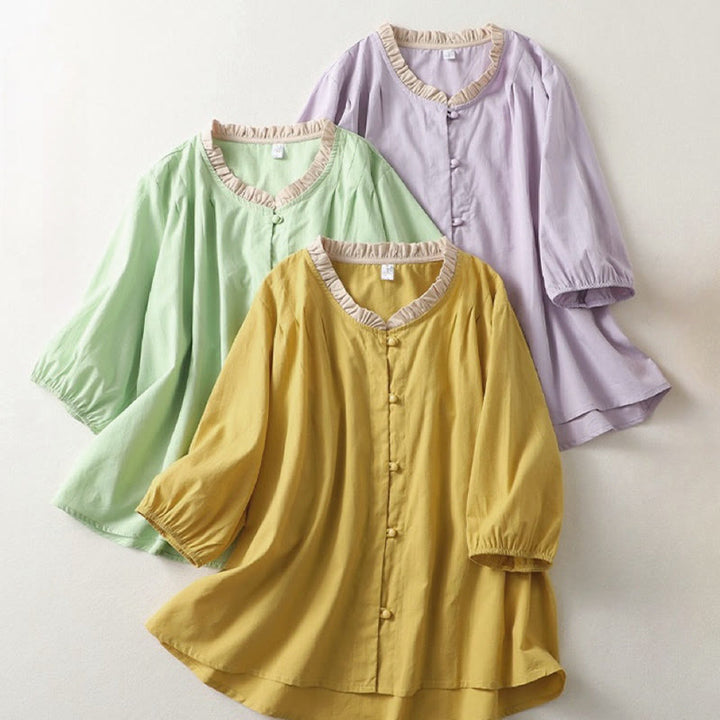 Koszula damska z falbaniastym kołnierzykiem i krótkim rękawem z lnu bawełnianego Buddha Stones Casual Plain Frog-Button