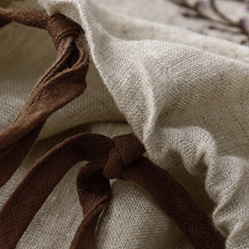 Buddha Stones Casual Haft Drzewo Ściągacz Damski Okrągły Dekolt Projekt Pół Rękaw Bawełna Len T-shirt