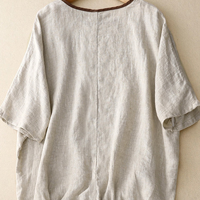 Buddha Stones Casual Haft Drzewo Ściągacz Damski Okrągły Dekolt Projekt Pół Rękaw Bawełna Len T-shirt