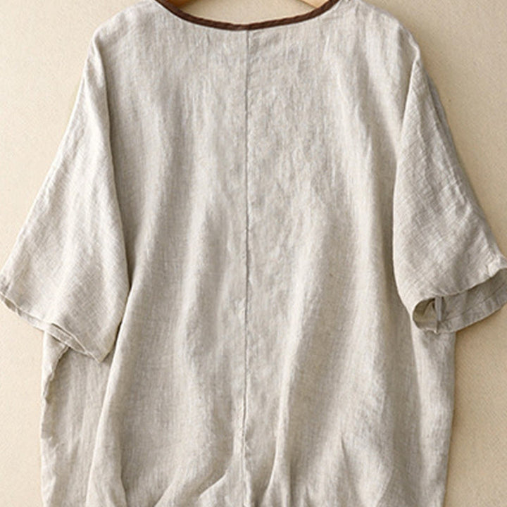 Buddha Stones Casual Haft Drzewo Ściągacz Damski Okrągły Dekolt Projekt Pół Rękaw Bawełna Len T-shirt