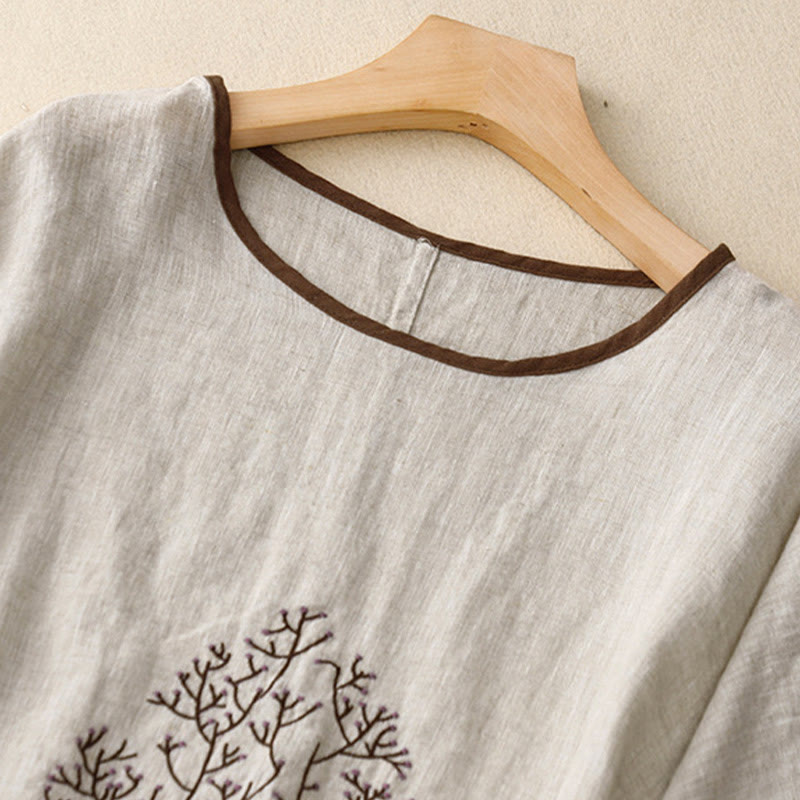 Buddha Stones Casual Haft Drzewo Ściągacz Damski Okrągły Dekolt Projekt Pół Rękaw Bawełna Len T-shirt