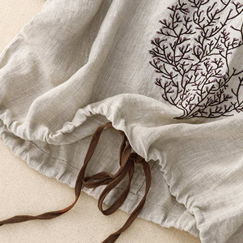 Buddha Stones Casual Haft Drzewo Ściągacz Damski Okrągły Dekolt Projekt Pół Rękaw Bawełna Len T-shirt