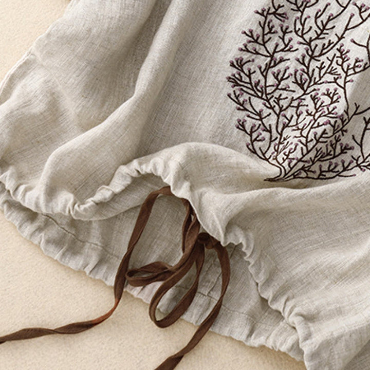 Buddha Stones Casual Haft Drzewo Ściągacz Damski Okrągły Dekolt Projekt Pół Rękaw Bawełna Len T-shirt