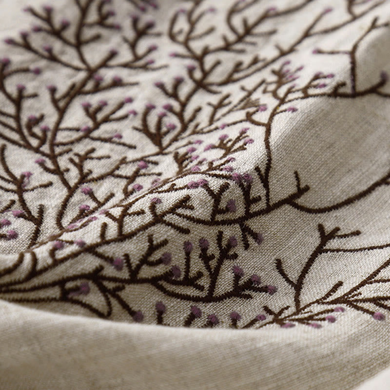 Buddha Stones Casual Haft Drzewo Ściągacz Damski Okrągły Dekolt Projekt Pół Rękaw Bawełna Len T-shirt