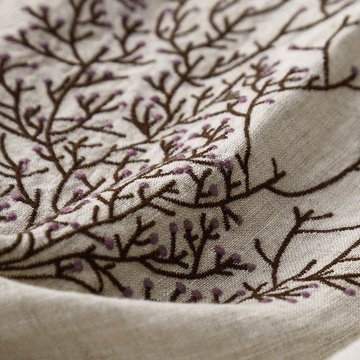 Buddha Stones Casual Haft Drzewo Ściągacz Damski Okrągły Dekolt Projekt Pół Rękaw Bawełna Len T-shirt