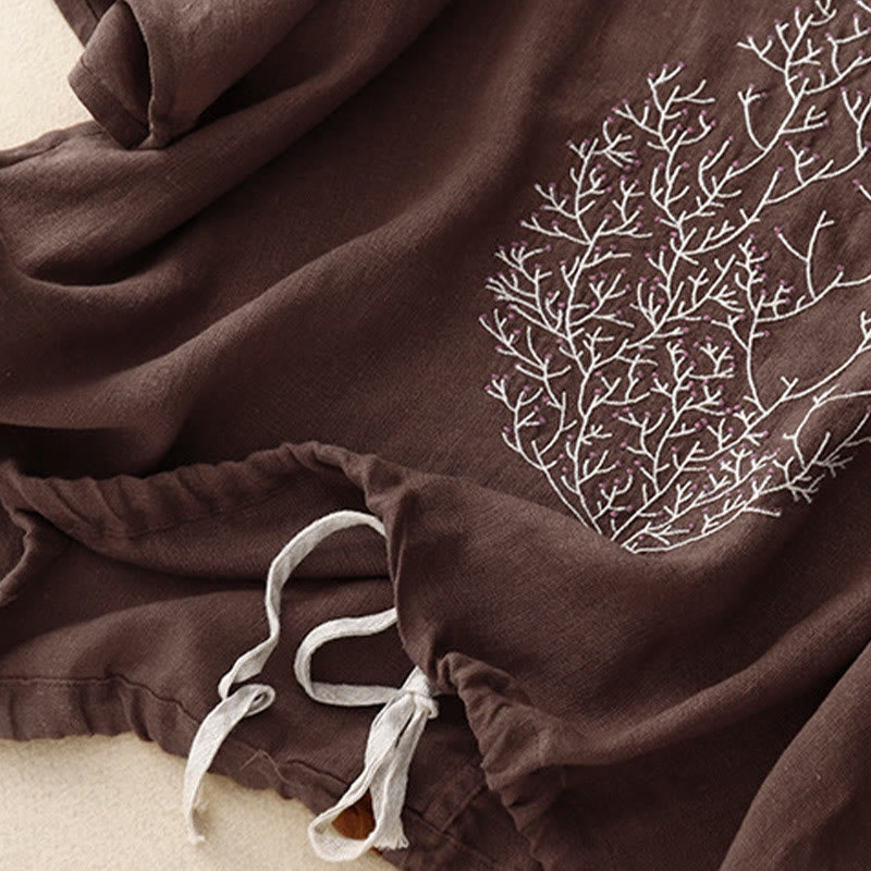 Buddha Stones Casual Haft Drzewo Ściągacz Damski Okrągły Dekolt Projekt Pół Rękaw Bawełna Len T-shirt