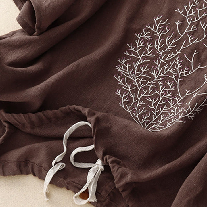 Buddha Stones Casual Haft Drzewo Ściągacz Damski Okrągły Dekolt Projekt Pół Rękaw Bawełna Len T-shirt