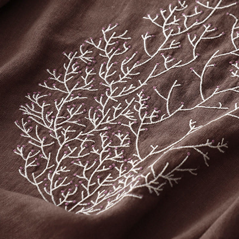 Buddha Stones Casual Haft Drzewo Ściągacz Damski Okrągły Dekolt Projekt Pół Rękaw Bawełna Len T-shirt