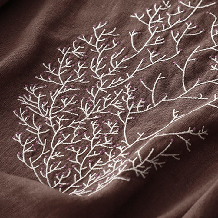 Buddha Stones Casual Haft Drzewo Ściągacz Damski Okrągły Dekolt Projekt Pół Rękaw Bawełna Len T-shirt