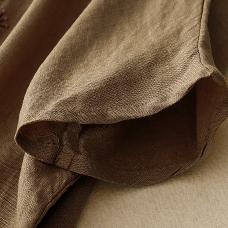 Buddha Stones Casual Haft Drzewo Ściągacz Damski Okrągły Dekolt Projekt Pół Rękaw Bawełna Len T-shirt